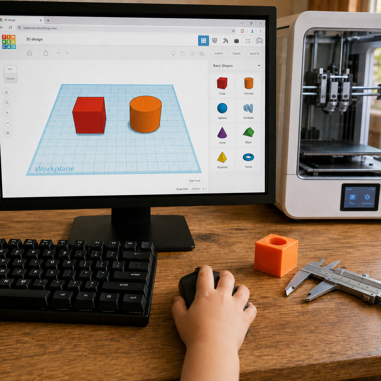 AI-generated illustration of a child using CAD software next to a 3D printer