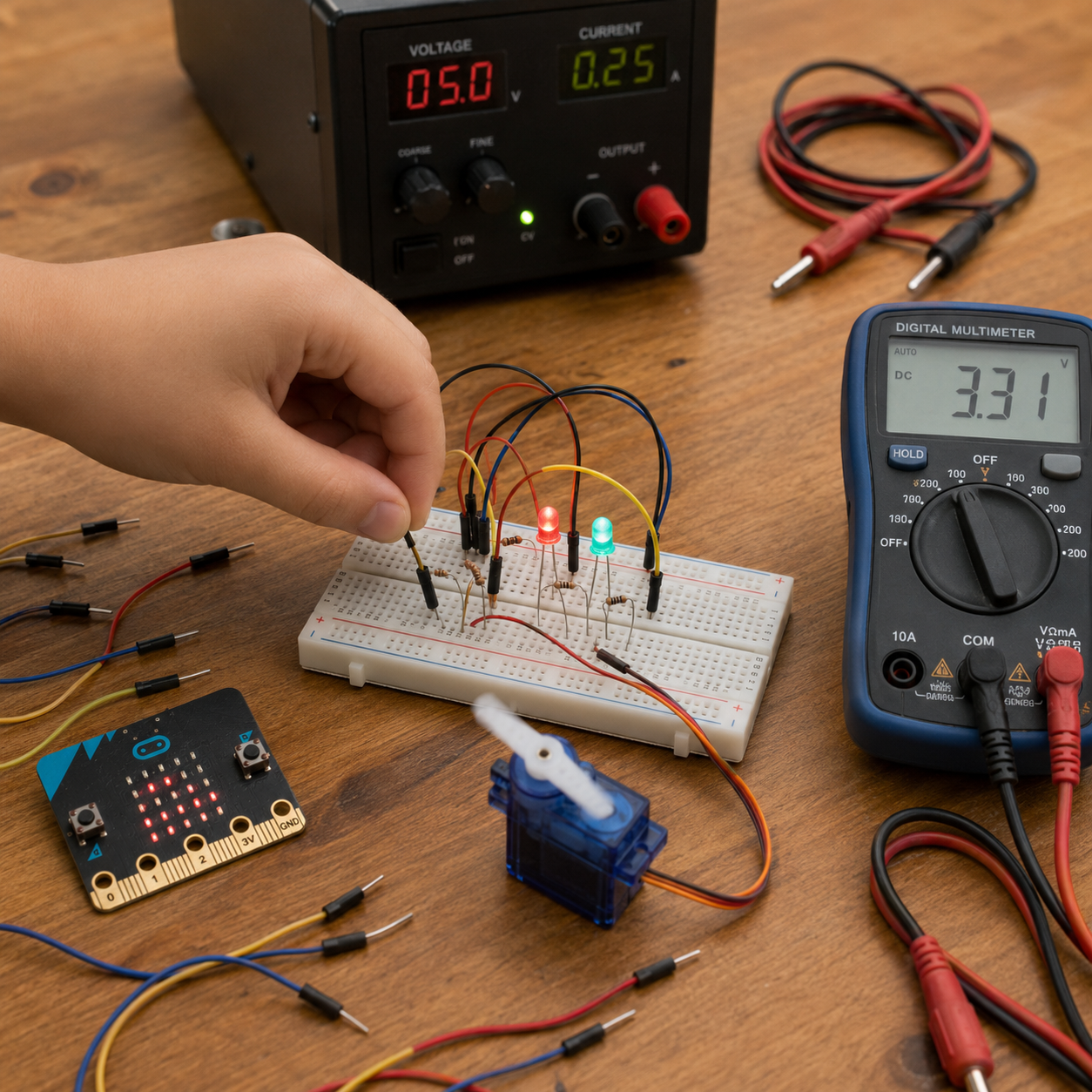 AI-generated illustration of a child building a circuit on a breadboard