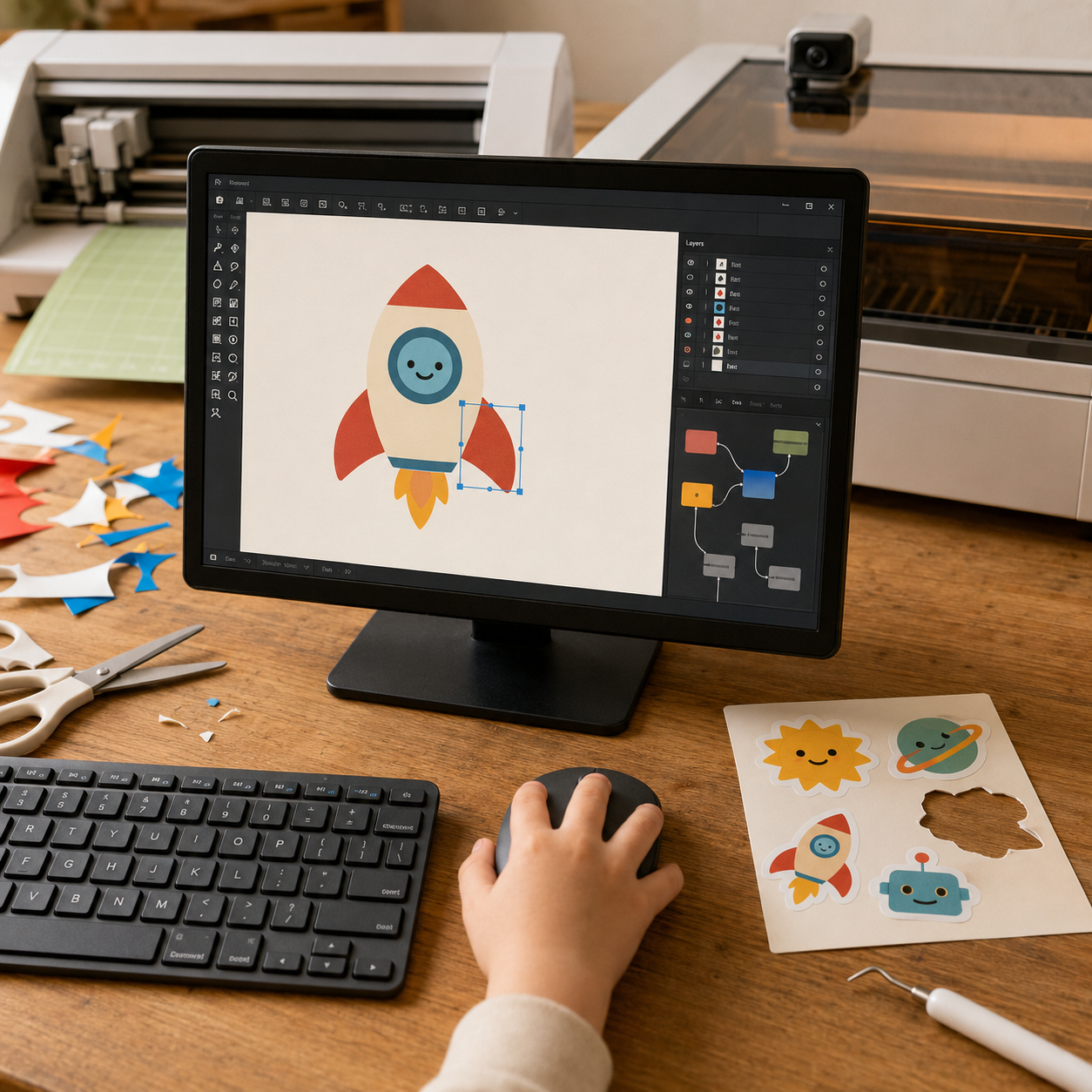 AI-generated illustration of a child designing vector graphics next to a laser cutter